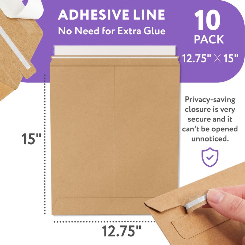 APQ Supply Natural Kraft Rigid Mailers, 12.75 x 15 Inches. Pack of 10 Paperboard Envelopes. Sturdy Stay Flat Mailers with Self-Seal Closure. Recyclable Hard Envelopes for Mailing. Stayflat Mailer - Image 2